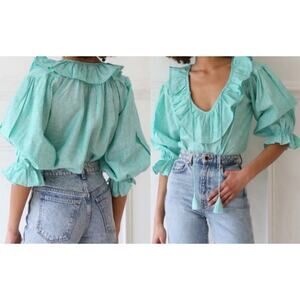 Mille Resort & Travel | May Top Green White Stripe Ruffle Blouse | Sz XXS